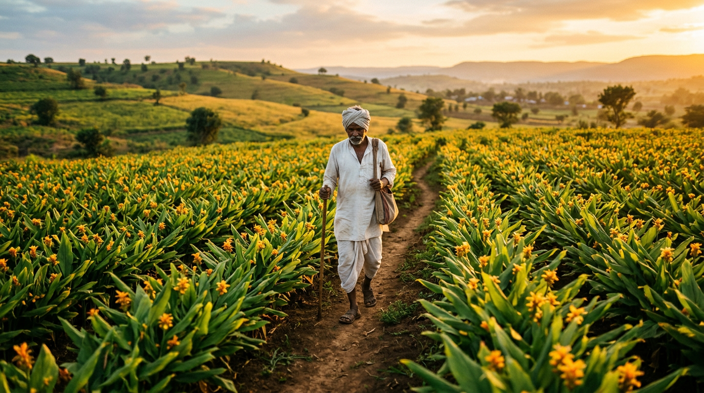 Farmer harvesting turmeric in golden hour