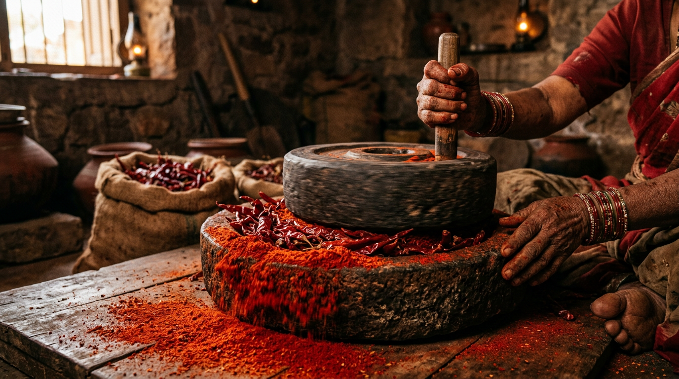 Traditional stone grinding of red chillies