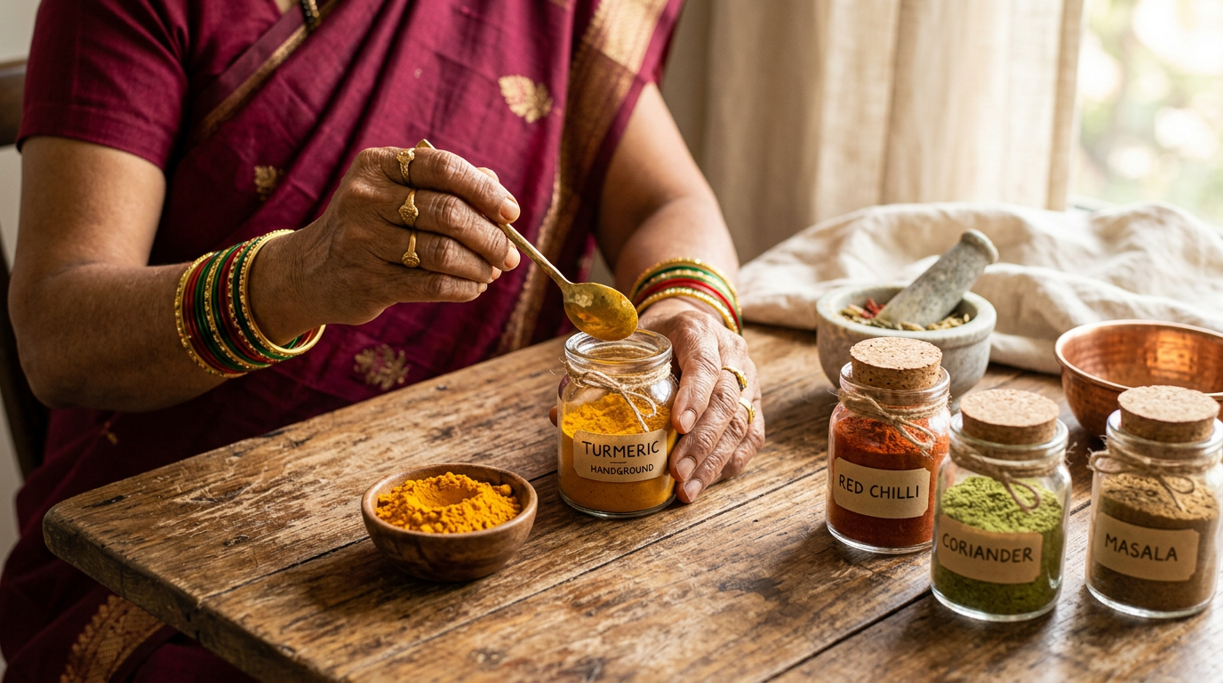 Hand packing of pure masala in jars
